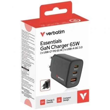 Verbatim Essentials GaN Charger 65W 2xUSB-C 1xUSB-A Negro